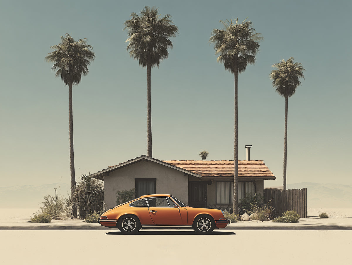 Orange sports car parked in front of a house with palm trees in the background