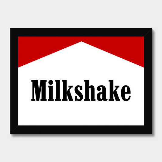 Framed artwork with 'Milkshake' text on a red and white background
