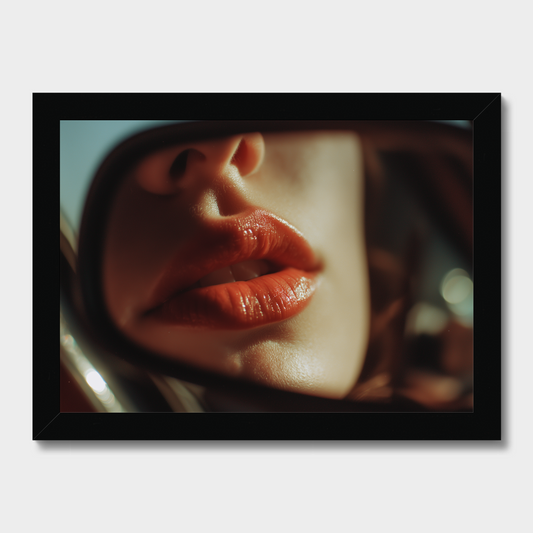 Close-up of a person's face with red lipstick on a light gray background