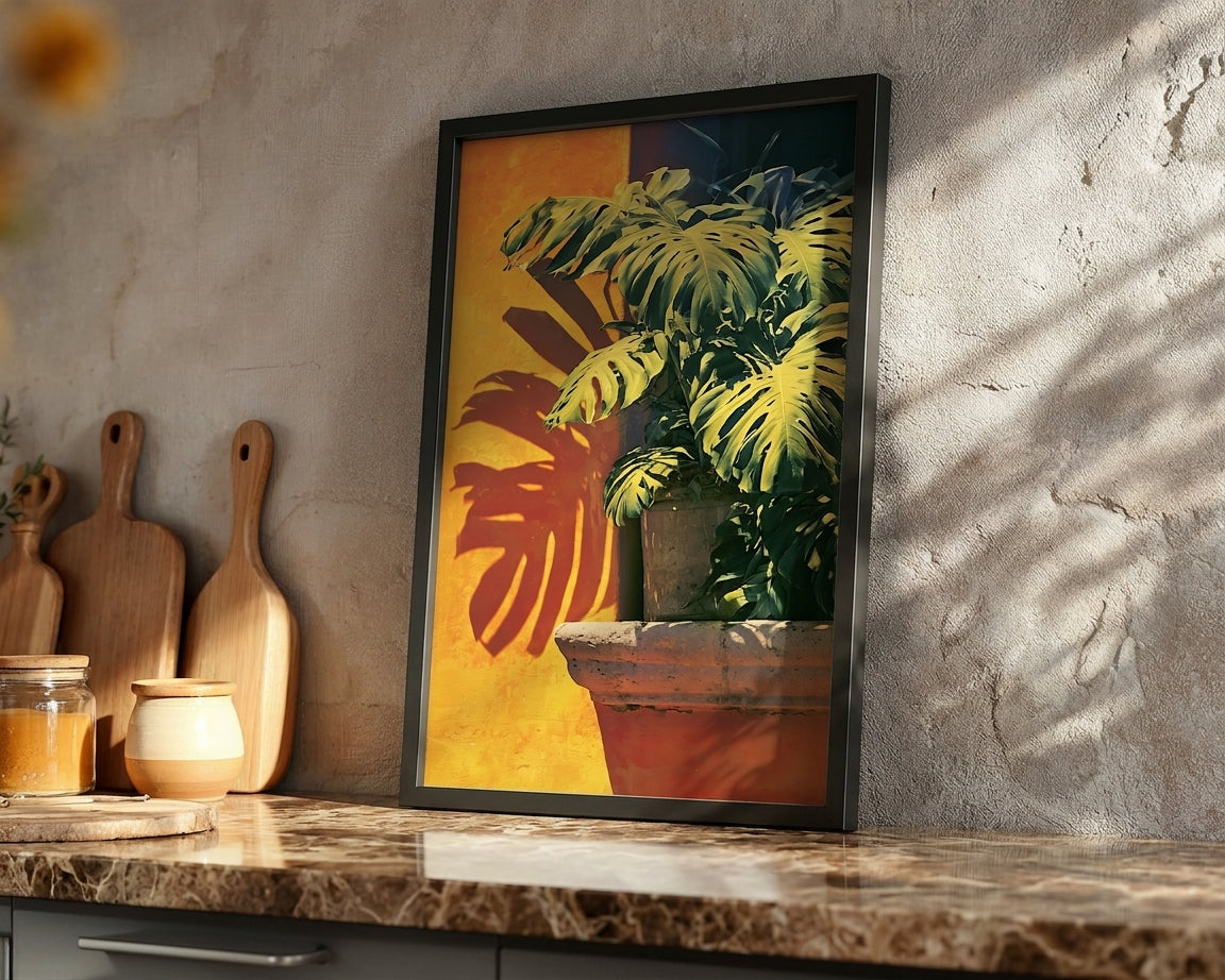 A framed wall art print leaning on a marble countertop against a textured plaster wall. The artwork shows a potted green plant in a terracotta pot against a warm yellow and orange background with a red leaf shadow.