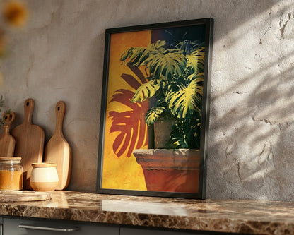 A framed wall art print leaning on a marble countertop against a textured plaster wall. The artwork shows a potted green plant in a terracotta pot against a warm yellow and orange background with a red leaf shadow.