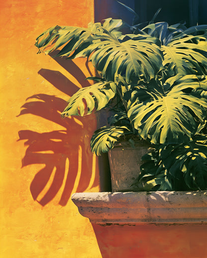 A potted monstera plant with large green leaves sits on a stone ledge against a warm orange wall, casting a bold shadow.