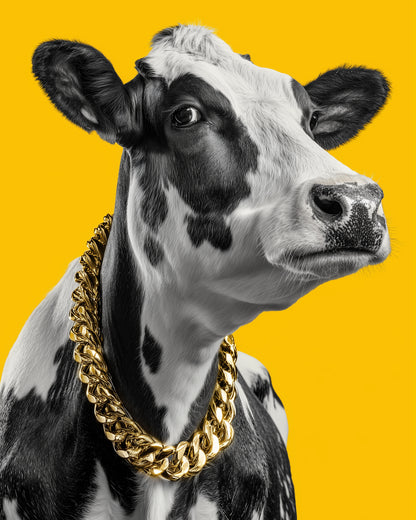 A black-and-white cow wearing a thick gold chain necklace, shown in a close-up portrait against a solid bright yellow background.