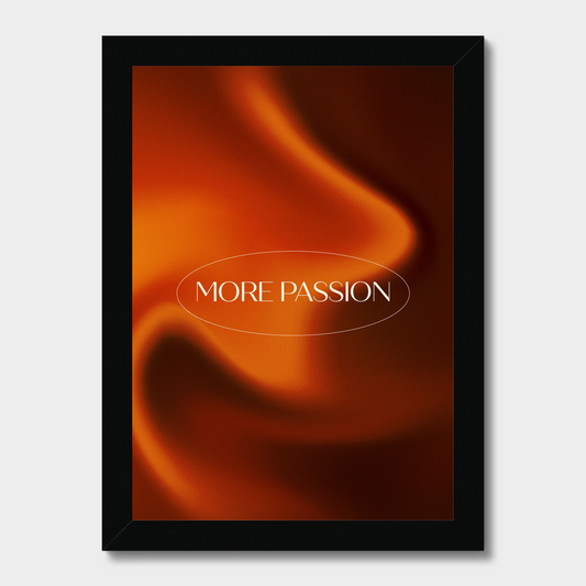 Framed artwork with abstract design and 'MORE PASSION' text on a white background