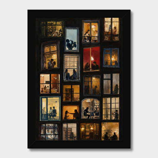 A framed vertical art print depicting a grid of dark window panes with warm yellow, orange, and red lights from indoor cafes and libraries, shown against a light gray background.