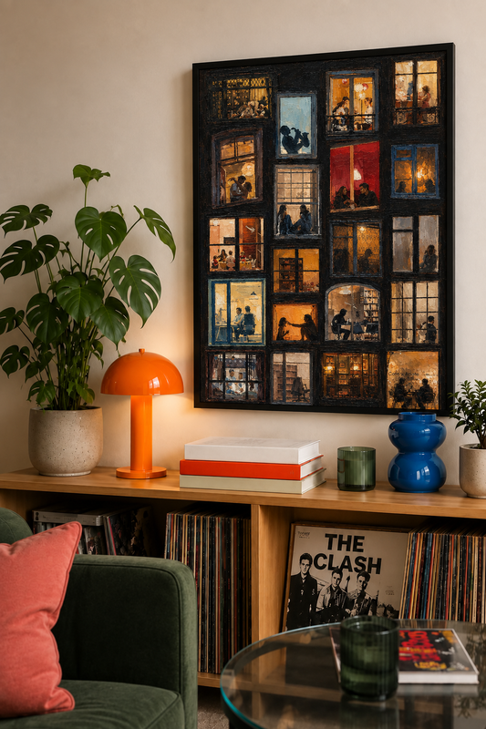 A large black-framed wall art piece featuring a grid of warm-toned window scenes, displayed above a wooden console table in a styled living room with a plant, orange lamp, books, and record sleeves.