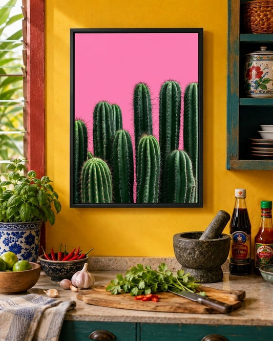 A framed wall art print featuring green cacti against a bright pink background, displayed on a yellow kitchen wall above a countertop with herbs, spices, and kitchen items.