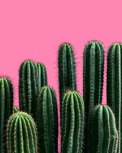 A cluster of green cacti with spines against a solid bright pink background.