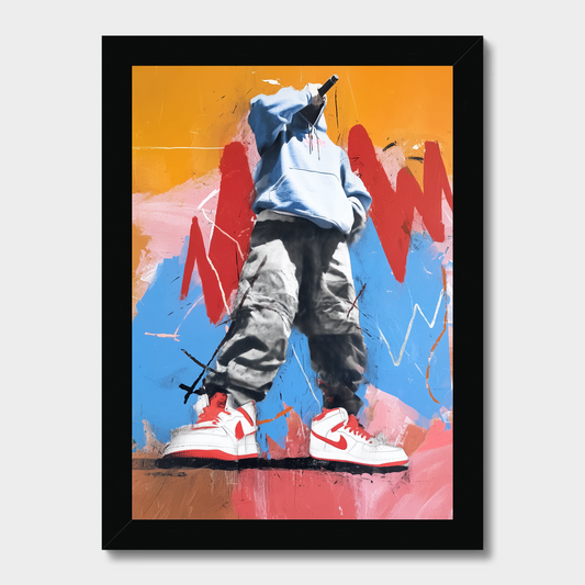 Framed artwork of a person wearing sneakers with abstract colors and text.