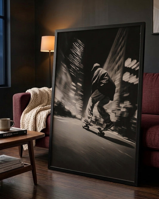 A large black and white framed art print depicting a skateboarder in motion, leaning against a dark red sofa in a modern living room setting.