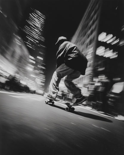 Black and white photograph of a person skateboarding on a city street at night, captured with motion blur and streaked light from surrounding buildings.