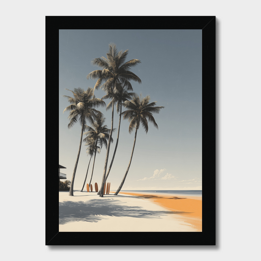 Framed artwork of a tropical beach scene with palm trees.