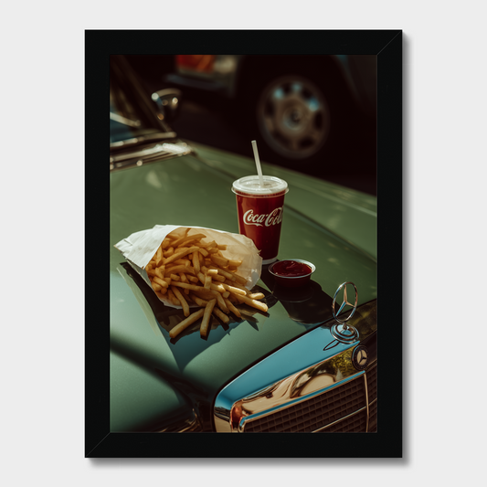 Fries and a Coca-Cola cup on a classic car hood with a black frame.