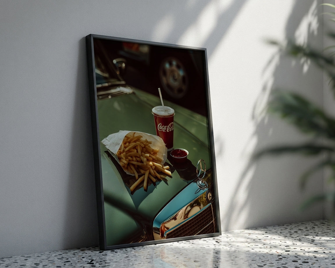 A framed vertical art print leaning against a white wall on a speckled countertop. The print shows a close-up diner-style scene with french fries, a Coca-Cola cup, and a small red dish on a teal car hood.