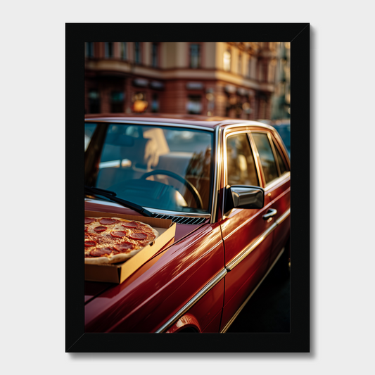 Red car with a pizza on a city street