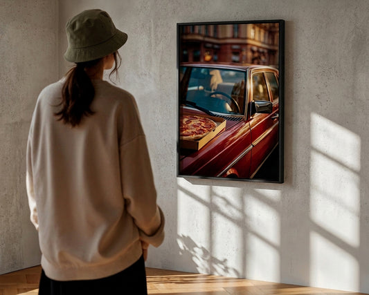 A person wearing a beige sweatshirt and olive green bucket hat stands with their back to the camera, looking at a framed art print on a textured concrete wall. The print shows a red vintage car with a pizza box inside.