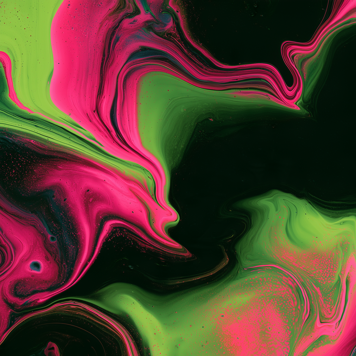 Abstract fluid art print featuring vibrant neon pink and lime green paint swirls over a glossy black background.