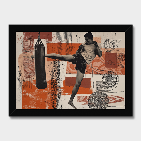 Framed wall art featuring an abstract boxing and kicking scene in black, white, and orange-red tones, shown in a black frame against a light gray background.