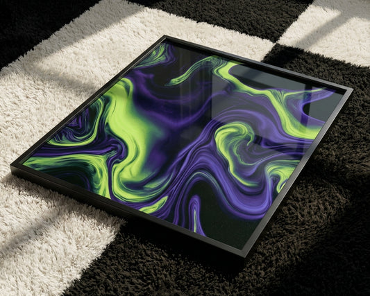 A square framed abstract art print featuring a marbled swirl pattern of neon green, purple, and black, displayed on a black and white checkered rug.