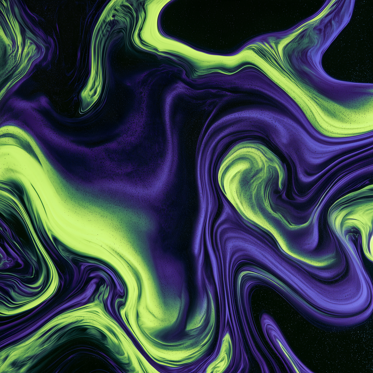 Abstract fluid art print featuring vibrant neon purple and lime green paint swirls over a glossy black background.