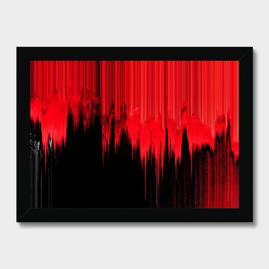 Abstract framed wall art featuring a bold red and black vertical dripping pattern, presented in a black frame against a light gray background.