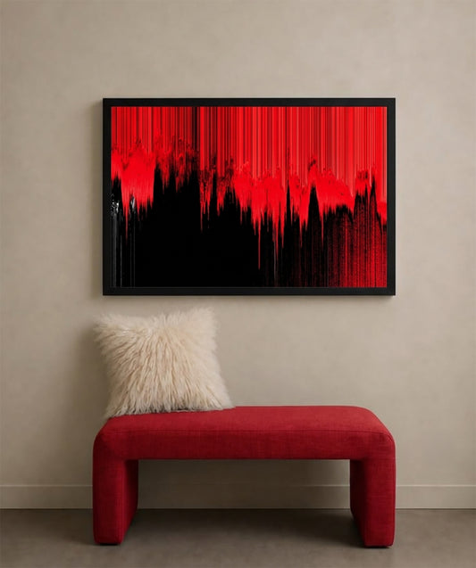 A framed abstract canvas print with a bold red and black dripping design, displayed on a beige wall above a red bench with a white fluffy pillow.
