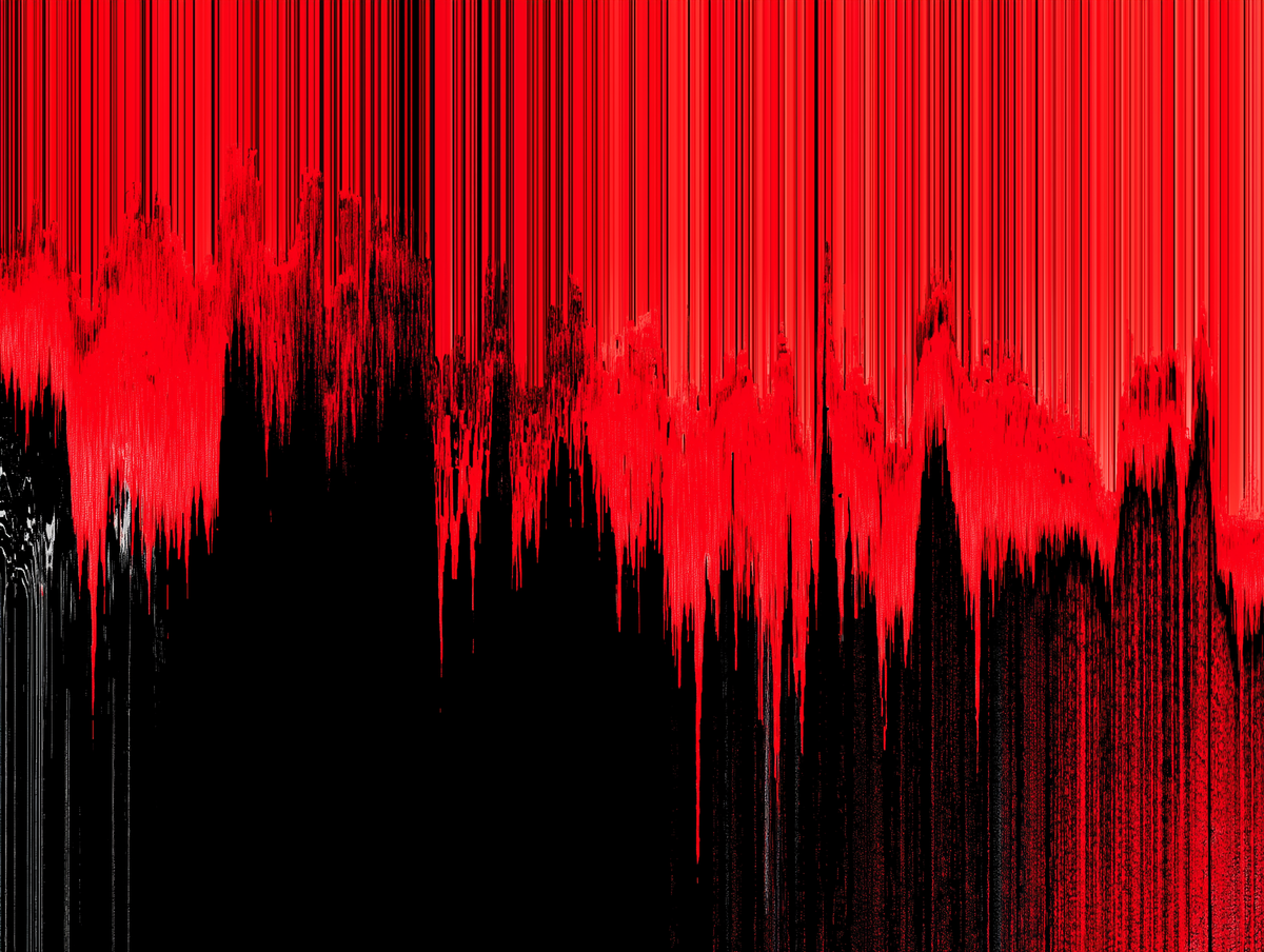 Abstract digital artwork featuring a stark red and black vertical dripping pattern, resembling a glitch effect or soundwave.