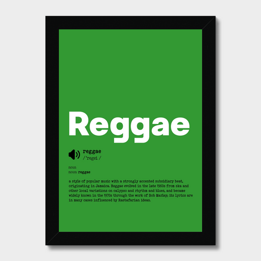 Framed poster with 'Reggae' text and definition on a green background