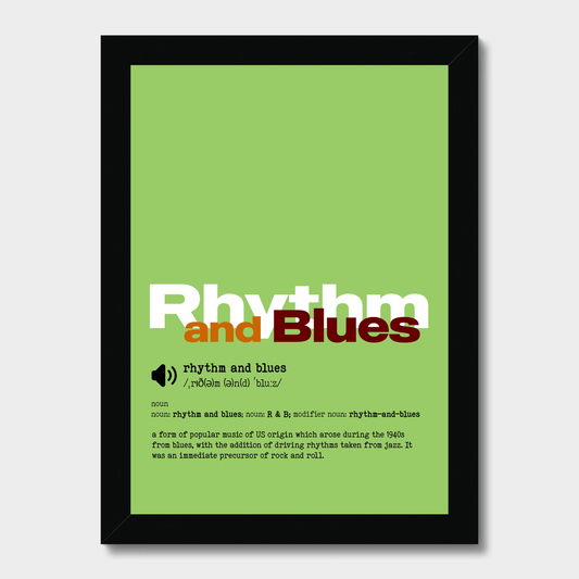 Framed poster with 'Rhythm and Blues' text on a green background