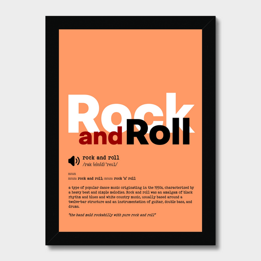 Framed poster with 'Rock and Roll' text and definition on an orange background