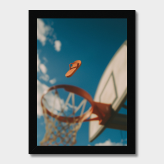 A framed art print featuring a low-angle photograph of an orange flip-flop sandal flying toward a basketball hoop against a blue sky with clouds, set in a black frame.