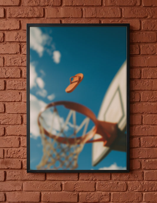A framed art print featuring a basketball hoop and backboard against a blue sky with a single orange flip-flop floating in mid-air, displayed on a red brick wall.