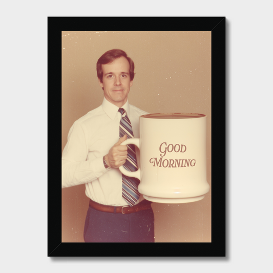 A framed vintage-style portrait print showing a man in a white shirt and striped tie holding a large white mug that reads 'Good Morning.' The frame is black, and the print is photographed against a light gray background.