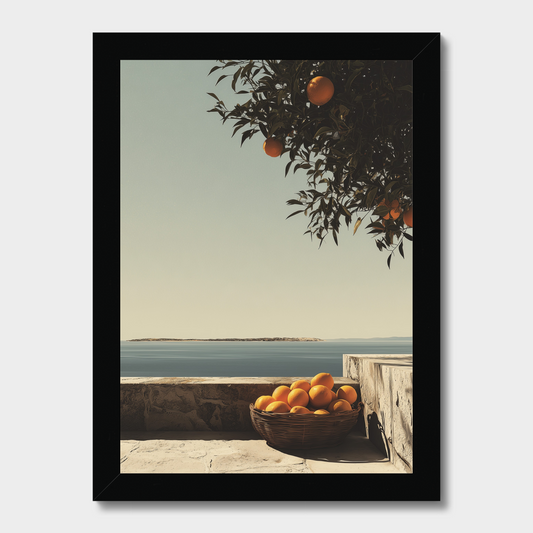 Framed artwork of a coastal scene with oranges and an orange tree.