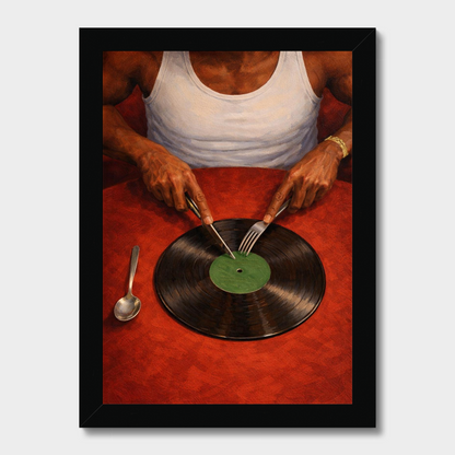 A framed art print depicting a person in a white tank top cutting into a black vinyl record on a red table, with a green record label. The print is enclosed in a black frame and shown against a light gray background.
