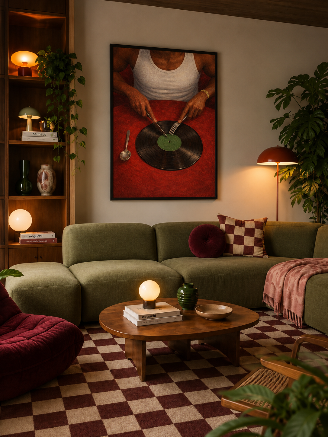 A framed art print depicting a person playing a vinyl record on a red background, displayed on a beige wall in a cozy, retro-styled living room with an olive green sectional sofa, checkered rug, and warm ambient lighting.
