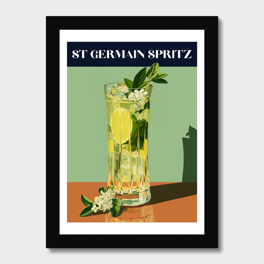 A framed art print featuring a retro-style illustration of a St. Germain Spritz cocktail glass with a lime slice, mint leaves, and white flowers, set against a sage green background with a dark navy header.