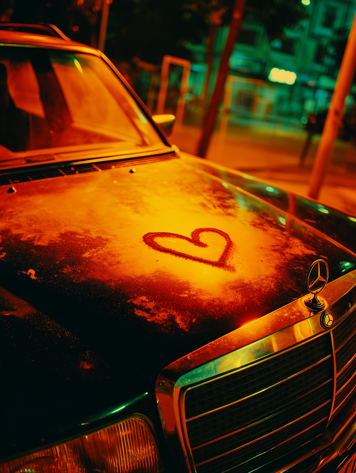 A close-up of a vintage Mercedes-Benz car at night with dramatic orange street lighting. The hood is covered in dust and features a hand-drawn red heart in the center.