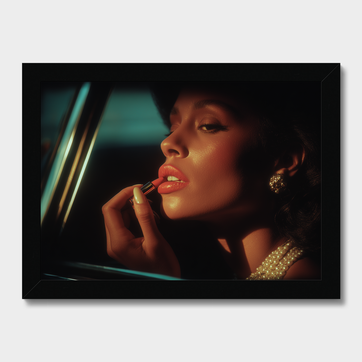 Woman applying lipstick in a car, with a focus on her face and hand.