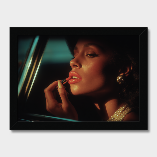 Woman applying lipstick in a car, with a focus on her face and hand.