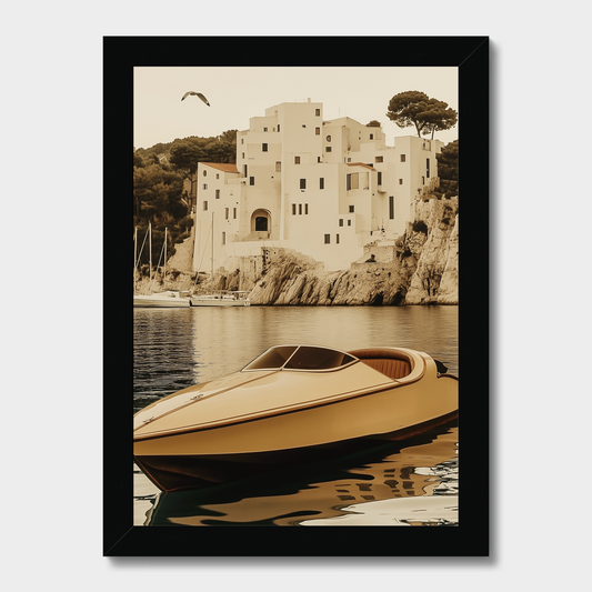 Framed artwork of a boat on water with a coastal building in the background