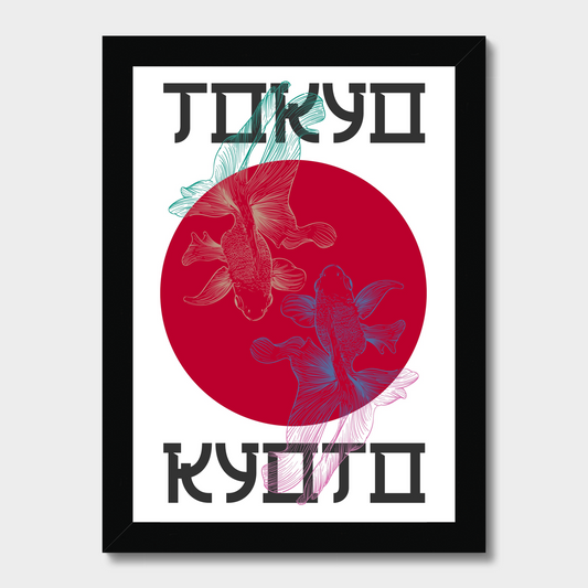 Poster with stylized koi fish and 'Tokyo Kyoto' text on a white background